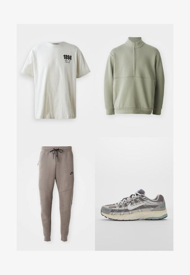 Šviesiai žalias, ilgos rankovės megztinis su aukšta apykakle ir pusiau užtrauktuku. Minkšta tekstūra su horizontalia siūle per krūtinę.; Šviesiai smėlio spalvos medvilninė marškinė su trumpomis rankovėmis, apvaliu iškirpimu, su juodu spausdintu dizainu, kuriame rašoma "1894 House Of Hyperbia" priekyje.; Pilkos Nike kelnės su raišteliu liemenyje, siaurėjančiomis kojomis, šoninėmis kišenėmis ir išskirtiniais siūlų detalėmis. Minkšta, tekstūruota medžiaga.; Pilkas sportinis batas su tinklu ir zomšos viršutine dalimi, baltomis detalėmis, paminkštintu padu ir išskirtiniu dizainu su atspindinčiais elementais.