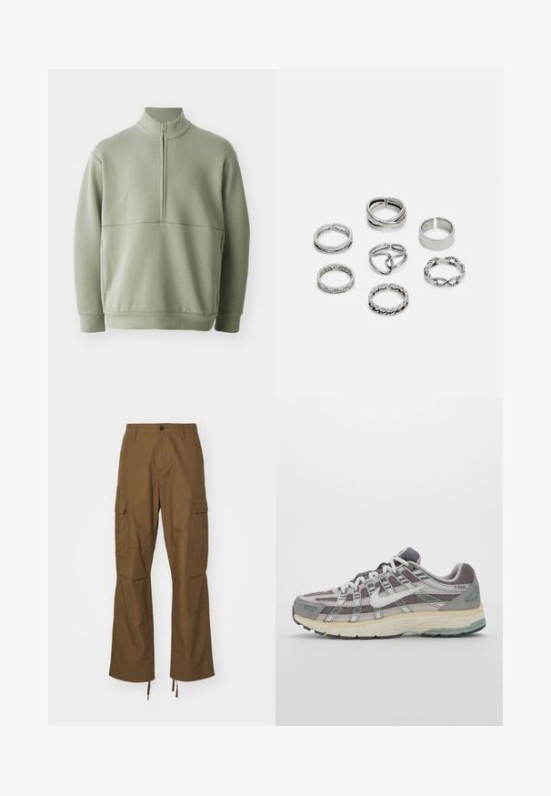 Hellgrüner Pulli mit langen Ärmeln, hohem Kragen und halbem Reißverschluss. Weiche Textur mit einer horizontalen Nahtdetails über der Brust.; Braune Cargo-Hosen aus strukturiertem Stoff, mit geradem Bein, seitlichen Taschen und verstellbaren Beinschlaufen.; Grauer Sportschuh mit einem Obermaterial aus Mesh und Wildleder, weißen Akzenten, einer gepolsterten Sohle und einem charakteristischen Design mit reflektierenden Elementen.; Set aus sieben silbernen Ringen mit verschiedenen Designs, einschließlich verdrehter, verbundener und gravierter Muster. Unterschiedliche Formen und Breiten.