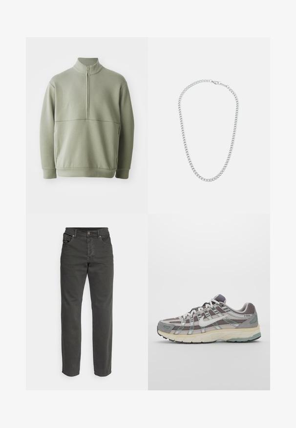 Šviesiai žalias, ilgos rankovės megztinis su aukšta apykakle ir pusiau užtrauktuku. Minkšta tekstūra su horizontalia siūle per krūtinę.; Tamsiai pilki džinsai, pagaminti iš medvilnės mišinio, su tiesiais kojų kirpimais, priekinėmis kišenėmis ir mygtukų užsegimu juosmenyje.; Pilkas sportinis batas su tinklu ir zomšos viršutine dalimi, baltomis detalėmis, paminkštintu padu ir išskirtiniu dizainu su atspindinčiais elementais.; Sidabrinė metalinė grandinėlė su tarpusavyje susijungiančiomis jungtimis ir saugiu užsegimu, lygi tekstūra, tolygus paviršius ir klasikinis dizainas.