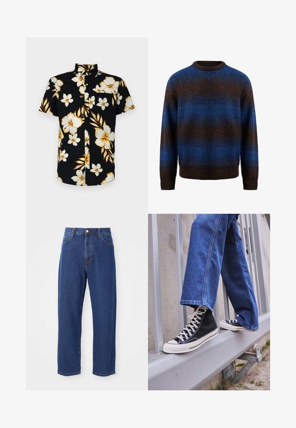 Gebreide trui in bruin en blauw met een ribbelstructuur, voorzien van horizontale strepen en een ronde hals. Lange mouwen met ribbelmanchetten.; Korte mouwen, zwarte overhemden met grote witte en gouden bloemenpatronen, een klassieke kraag en een borstzak aan de linkerkant.; Hoge taille blauwe jeans van denim, met een rechte pijp silhouet, zichtbare stiksels en een sluiting met een voorknoop.; Zwarte hoge sneakers met witte zool en veters, gecombineerd met losse blauwe denim jeans, rustend op een grijze leuning.