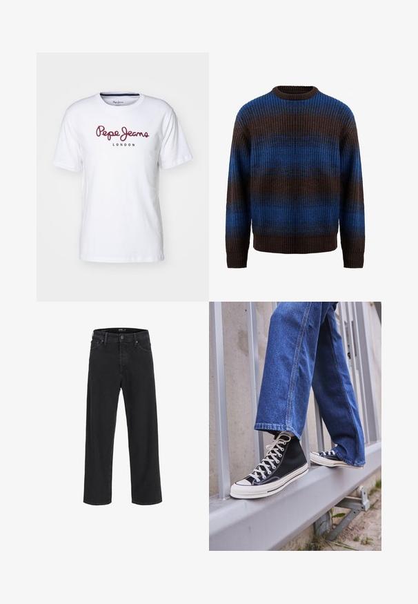 Adīts džemperis brūnā un zilā krāsā ar ribotu tekstūru, ar horizontālām svītrām un apaļu kakla izgriezumu. Garas piedurknes ar ribotām aprocēm.; Balta kokvilnas T-kreklā ar bordo "Pepe Jeans" logo un "LONDON" tekstu, apaļa kakla izgriezums, īsas piedurknes un brīvs piegriezums.; Melna klasisko taisno kāju džinsu bikses ar pogu un rāvējslēdzēju, jostas cilpas, kā arī priekšējām un aizmugurējām kabatām.; Melnas augstas kedas ar baltu zoli un auklām, apvienotas ar brīvām zilām džinsām, atpūšoties uz pelēka margotā balsta.