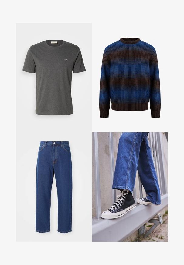 Knitted sweater in brown and blue with a ribbed texture, featuring horizontal stripes and a crew neckline. Long sleeves with ribbed cuffs.; GANT PRINTED ARCHIVE SHIELD - Basic T-shirt - antracit melange; High-waisted blue jeans made of denim, featuring a straight leg silhouette, visible stitching, and a front button closure.; Black high-top sneakers with white sole and laces, paired with loose blue denim jeans, resting on a gray railing.