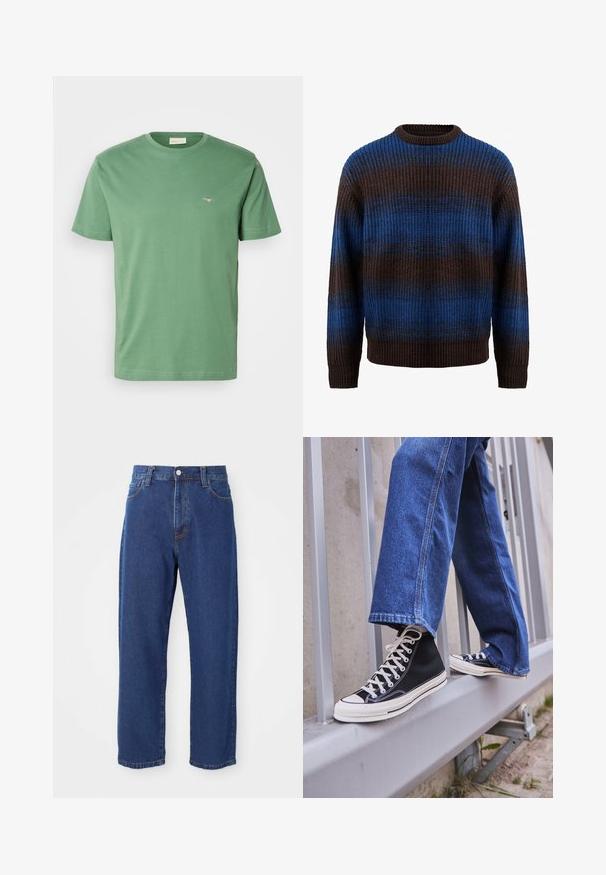 Pletený sveter v hnedej a modrej farbe s rebrovanou textúrou, ktorý má horizontálne pruhy a okrúhly výstrih. Dlhé rukávy s rebrovanými manžetami.; GANT PRINTED ARCHIVE SHIELD - Základné tričko - dried forest; Džínsy s vysokým pásom modrej farby vyrobené z denimu, so siluetou rovného strihu, viditeľným šitím a predným zapínaním na gombík.; Čierne vysoké tenisky s bielou podrážkou a šnúrkami, kombinované so voľnými modrými riflami, položené na sivej zábradlí.