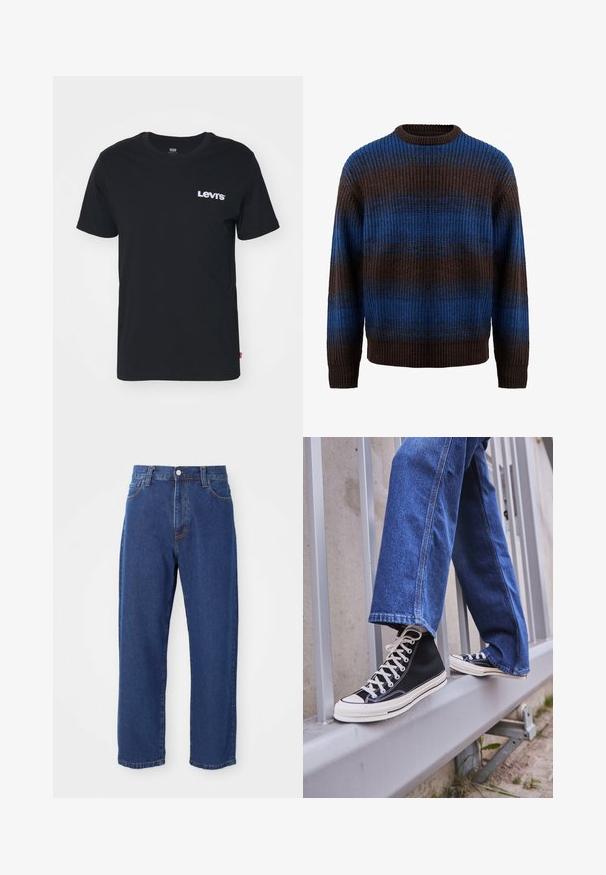 Adīts džemperis brūnā un zilā krāsā ar ribotu tekstūru, ar horizontālām svītrām un apaļu kakla izgriezumu. Garas piedurknes ar ribotām aprocēm.; Levi's® CLASSIC GRAPHIC - Apdrukāts T-krekls - core caviar; Augstas jostas zila džinsa bikses ar taisnu kāju siluetu, redzamām šuvēm un priekšējo pogu aizdari.; Melnas augstas kedas ar baltu zoli un auklām, apvienotas ar brīvām zilām džinsām, atpūšoties uz pelēka margotā balsta.