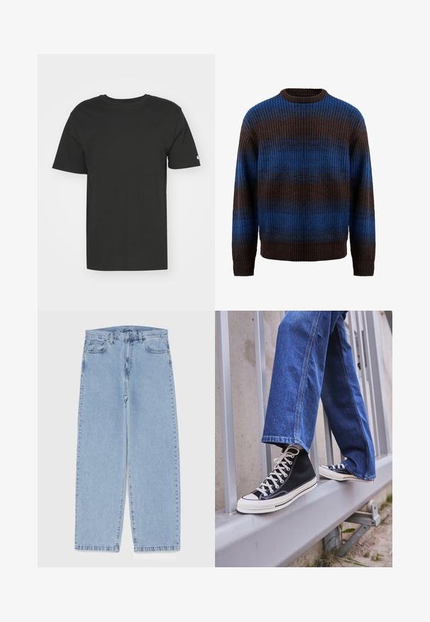 Suéter de punto en marrón y azul con una textura acanalada, presenta rayas horizontales y un escote redondo. Mangas largas con puños acanalados.; Camiseta negra hecha de algodón suave, con mangas cortas y cuello redondo. Diseño simple con un pequeño logo en la manga izquierda.; Jean de mezclilla azul claro con diseño de pierna recta, con una cintura de altura media, cinco bolsillos y un cierre de botón y cremallera.; Zapatillas de deporte negras de caña alta con suela y cordones blancos, combinadas con unos vaqueros de denim azul holgados, apoyadas en una barandilla gris.