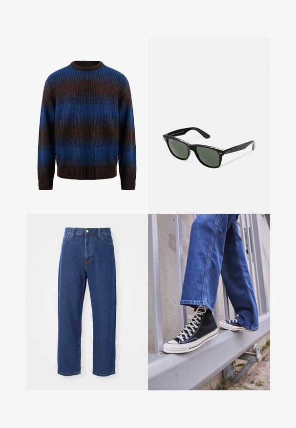 Sweter z dzianiny w brązowo-niebieskim kolorze o prążkowanej strukturze, z poziomymi paskami i okrągłym dekoltem. Długie rękawy z prążkowanymi mankietami.; Jasnoniebieskie dżinsy z wysokim stanem, wykonane z denimu, z prostą nogawką, widocznymi szwami i zapięciem na guzik z przodu.; Czarne sneakersy za kostkę z białą podeszwą i sznurówkami, w połączeniu z luźnymi niebieskimi dżinsami, opierające się na szarym balustradzie.; Czarne plastikowe okulary przeciwsłoneczne z zielonymi szkłami, kwadratowe oprawki, srebrny akcent na brwi oraz fakturowane ramiona temple. Nazwa marki podana na wewnętrznej stronie ramion.