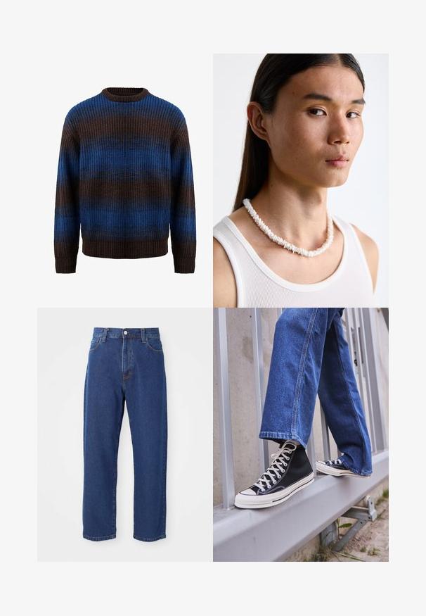 Barna és kék kötött pulóver bordázott textúrával, vízszintes csíkokkal és kerek nyakkivágással. Hosszú ujjú, bordázott mandzsettákkal.; Magasan szabott kék farmernadrág, egyenes lábbal, látható varrásokkal és elöl gombos záródással.; Fekete magasszárú sportcipők fehér talppal és fűzővel, laza kék farmernadrággal párosítva, egy szürke korlát tetején pihenve.; Fehér kagyló nyaklánc, amely szabálytalan formákból áll, egy testre simuló fehér ujjatlan felső felett viselve. Simára polírozott textúra, finom fényességgel, szoros illeszkedésű kialakítással.