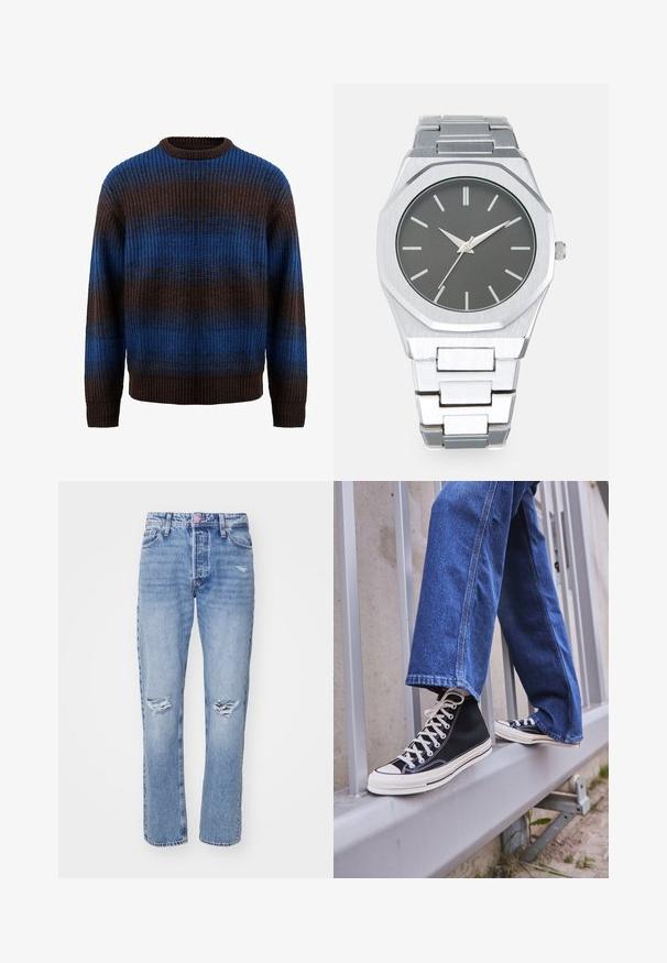 Knitted sweater in brown and blue with a ribbed texture, featuring horizontal stripes and a crew neckline. Long sleeves with ribbed cuffs.; Light blue denim jeans with a straight cut, featuring ripped details on the knees and a button closure. Classic five-pocket design.; Black high-top sneakers with white sole and laces, paired with loose blue denim jeans, resting on a gray railing.; Silver analog watch with an octagonal case, gray dial, silver hour markers, and a stainless steel link bracelet. Minimalist design with smooth texture.