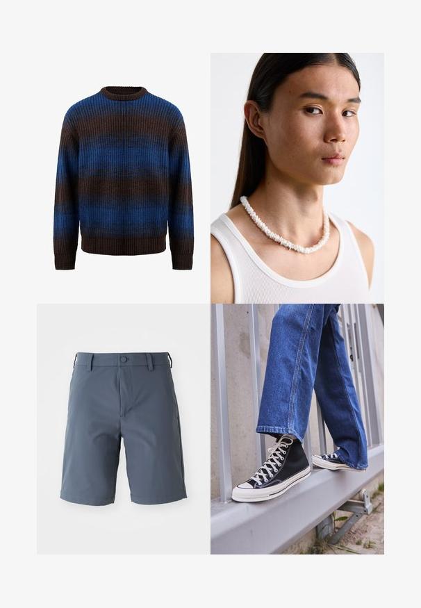 Knitted sweater in brown and blue with a ribbed texture, featuring horizontal stripes and a crew neckline. Long sleeves with ribbed cuffs.; Gray, knee-length shorts made from lightweight fabric; features a button closure, belt loops, and side pockets with a smooth texture.; Black high-top sneakers with white sole and laces, paired with loose blue denim jeans, resting on a gray railing.; White shell necklace composed of irregular shapes, worn over a fitted white tank top. Smooth texture with subtle sheen, close-fitting design.
