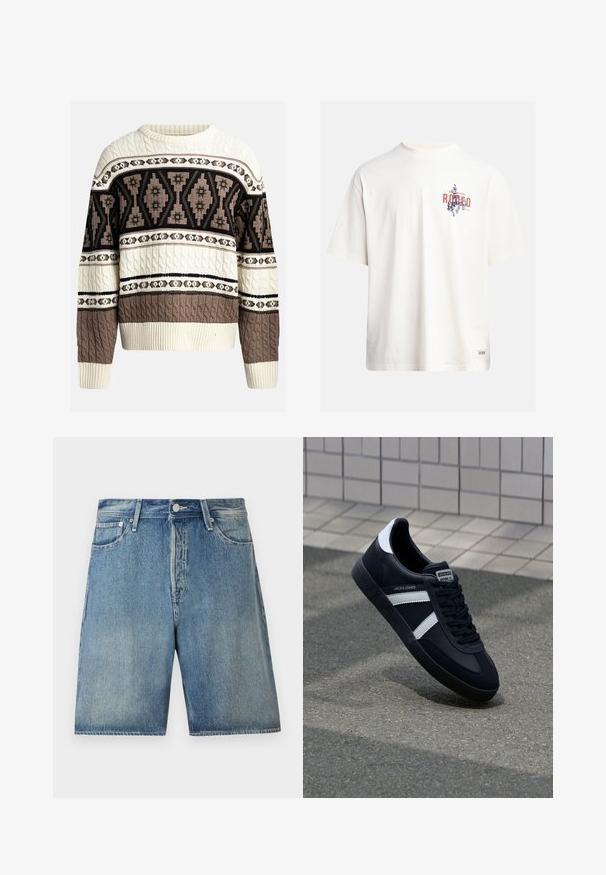 Krémový a hnědý svetr s pleteným vzorem, na hrudi a rukávech s geometrickými a květinovými motivy, s žebrovanými manžetami a lemem.; Krémové bavlněné tričko s krátkými rukávy a kulatým výstřihem. Obsahuje grafický potisk v modré a červené barvě s textem a motivem.; Džínové kraťasy v světlé modré barvě, s klasickým pětikapsovým designem, zapínáním na knoflík, rovný střih a mírně vyšisovaným vzhledem.; Černé kožené tenisky s bílými pruhy, texturovanou gumovou podrážkou a šněrováním vpředu. Obsahují značenou etiketu na jazyku.