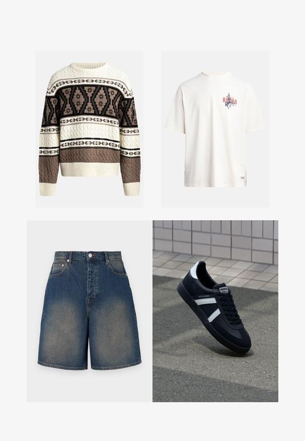 Suéter de punto trenzado en crema y marrón con patrones geométricos y florales en el pecho y las mangas, con puños y dobladillo acanalados.; Camiseta de algodón crema con mangas cortas y cuello redondo. Presenta un estampado gráfico en azul y rojo con texto y un motivo.; Pantalones cortos de mezclilla en azul medio con un lavado desgastado. Presenta una cintura alta, cinco bolsillos y un diseño de pierna recta. Cierre de botón de metal.; Zapatilla de cuero negra con rayas blancas, suela de goma texturizada y parte frontal con cordones. Cuenta con una etiqueta de marca en la lengüeta.