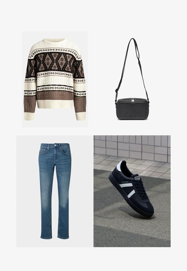 Kermainen ja ruskea kaapelikudottu neulepaita, jossa on geometrisia ja kukkakuvioita rinnassa ja hihoissa, varustettuna resorilla varustetuilla hihansuilla ja helmalla.; Kerman puuvillane T-särk lühikeste varrukatega ja ümmarguse kaelusega. Omab sinist ja punast graafilist trükist tekstiga ja motiiviga.; Farkkushortsit keskipitkässä sinisessä pesussa, joissa on suora leikkaus, tavallinen viisi-taskumalli ja metallinen nappisuljenta vyötäröllä.; Mustat nahkakengät valkoisilla raidoilla, teksturoitu kumipohja ja nauha edessä. Varustettu merkkitarralla kielen päällä.; Musta nahkainen olkalaukku vetoketjulla, etuosassa kohoamalla painettu logo ja säädettävä hihna. Sujuva pinta ja suorakulmainen muoto.