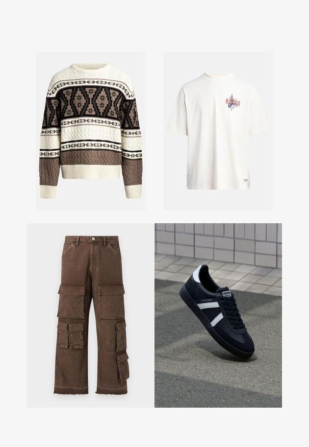 Krémový a hnedý sveter s pleteným vzorom, zdobený geometrickými a kvetinovými motívmi na hrudi a rukávoch, s rebrovanými manžetami a lemom.; Krémové bavlnené tričko s krátkymi rukávmi a okrúhlym výstrihom. Obsahuje grafický potlač v modrej a červenej farbe s textom a motívom.; Hnedé cargo nohavice s voľným strihom, viacerými bočnými vreckami a rozstrapkaným lemom. Vyrobené z pevnej, textúrovanej tkaniny pre dlhú životnosť.; Čierne kožené tenisky s bielymi pruhmi, textúrovanou gumovou podrážkou a šnurovaním vpredu. Obsahujú označenie značky na jazyku.
