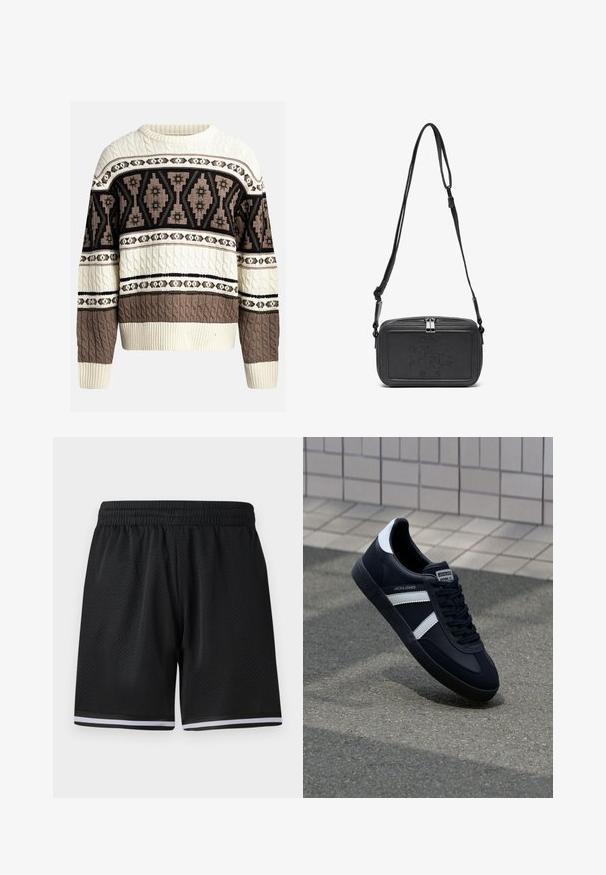 Cremefarbener und brauner Strickpullover mit Kabelmuster, der geometrische und florale Muster auf Brust und Ärmeln aufweist, mit gerippten Bündchen und Saum.; Schwarze Mesh-Sportshorts mit elastischem Bund, versehen mit weißen Streifen am Saum für zusätzliche Details. Leichtes und atmungsaktives Material.; Schwarze Leder-Sneaker mit weißen Streifen, strukturiertem Gummisohle und Schnürung. Verfügt über ein Markenetikett auf der Zunge.; Schwarze Leder-Crossbody-Tasche mit einem Reißverschluss, geprägtem Logo auf der Vorderseite und verstellbarem Riemen. Glatte Textur mit rechteckiger Form.