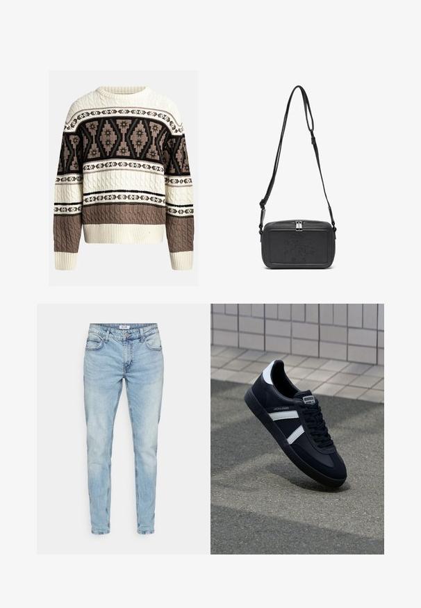 Kermainen ja ruskea kaapelikudottu neulepaita, jossa on geometrisia ja kukkakuvioita rinnassa ja hihoissa, varustettuna resorilla varustetuilla hihansuilla ja helmalla.; Vaaleansiniset farkut suoran mallin kanssa, joissa on viisi taskua ja hieman haalistunut pinta. UVastaanotettua klassista vetoketjua ja vyölenkkejä.; Mustat nahkakengät valkoisilla raidoilla, teksturoitu kumipohja ja nauha edessä. Varustettu merkkitarralla kielen päällä.; Musta nahkainen olkalaukku vetoketjulla, etuosassa kohoamalla painettu logo ja säädettävä hihna. Sujuva pinta ja suorakulmainen muoto.