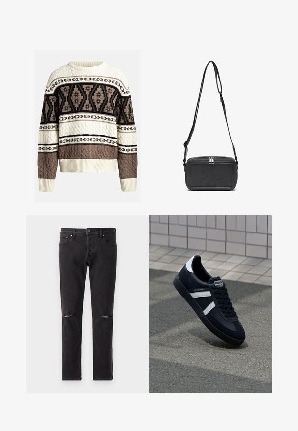 Kremowy i brązowy sweter w warkoczowy wzór z geometrycznymi i kwiatowymi motywami na klatce piersiowej i rękawach, z ściągaczami na rękawach i u dołu.; Czarne dżinsy o slim fit z dwoma przetarciami na kolanach oraz standardowym pięciopocketowym krojem. Miękka faktura, minimalne elementy metalowe.; Czarne skórzane sneakersy z białymi paskami, teksturowana gumowa podeszwa i sznurowane z przodu. Posiadają metkę marki na języku.; Czarna skórzana torba na ramię z zamkiem błyskawicznym, wytłoczone logo na przodzie i regulowanym paskiem. Gładka tekstura w prostokątnym kształcie.