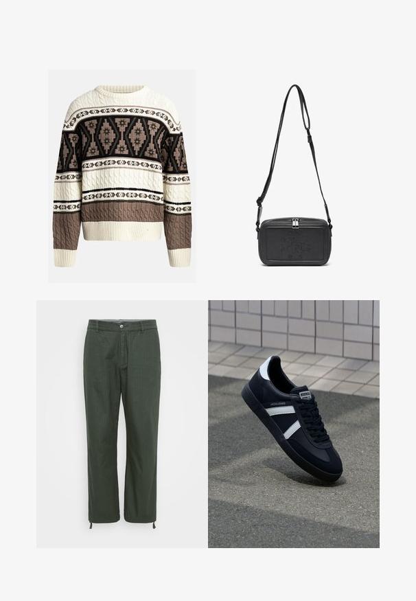 Krém és barna fonott pulóver geometrikus és virágmintákkal a mellrészen és az ujjakon, bordázott mandzsetta- és alsó szegéllyel.; Sötétzöld nadrág, sima anyagból. Egyenes szárú dizájn gombos záródással, állítható zsinórral az alján.; Fekete bőr sportcipő fehér csíkokkal, textúrált gumitalppal és fűzős elejével. A nyelvén márkás címke található.; Fekete bőrből készült keresztbe hordható táska cipzáras záródással, dombornyomott logóval az elején és állítható pánttal. Simább textúrájú, téglalap alakú.