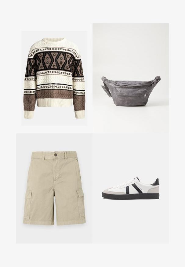 Cream and brown cable-knit sweater with geometric and floral patterns across chest and sleeves, featuring ribbed cuffs and hem.; Beige cargo shorts made of cotton, featuring side pockets, a button closure, and a straight-cut design with a casual finish.; White sneaker with black and gray accents, featuring a textured gray toe cap, black rubber sole, and flat white laces. Clean design, minimalist style.; Gray suede fanny pack with a rounded shape, two zippered compartments, and adjustable strap. Features metal hardware accents.