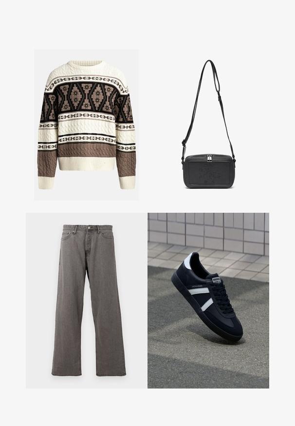 Cream and brown cable-knit sweater with geometric and floral patterns across chest and sleeves, featuring ribbed cuffs and hem.; Gray straight-leg denim jeans with front button, zipper fly, and five-pocket design against a white background.; Black leather sneaker with white stripes, textured rubber sole, and lace-up front. Features a branded label on the tongue.; Black leather crossbody bag with a zip closure, embossed logo on the front, and adjustable strap. Smooth texture with a rectangular shape.