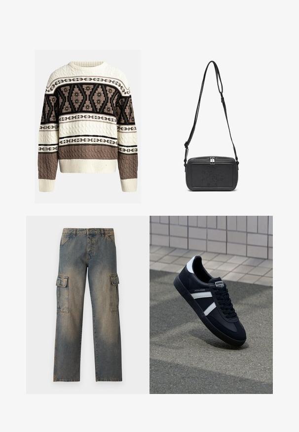 Krémový a hnědý svetr s pleteným vzorem, na hrudi a rukávech s geometrickými a květinovými motivy, s žebrovanými manžetami a lemem.; Denimové cargo kalhoty v bledě modré barvě, volného střihu, se dvěma velkými bočními kapsami, prošívanými švy a klasickým designem pasu.; Černé kožené tenisky s bílými pruhy, texturovanou gumovou podrážkou a šněrováním vpředu. Obsahují značenou etiketu na jazyku.; Černá kožená taška přes rameno s uzávěrem na zip, vyraženým logem na přední straně a nastavitelným popruhem. Hladký povrch s obdélníkovým tvarem.
