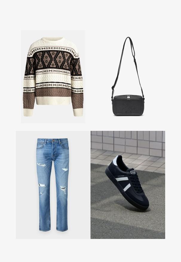 Krém és barna fonott pulóver geometrikus és virágmintákkal a mellrészen és az ujjakon, bordázott mandzsetta- és alsó szegéllyel.; Világoskék farmernadrág egyenes szárú fazonnal, több viseletes résszel és rojtos részletekkel a térdeken. Réz díszítések.; Fekete bőr sportcipő fehér csíkokkal, textúrált gumitalppal és fűzős elejével. A nyelvén márkás címke található.; Fekete bőrből készült keresztbe hordható táska cipzáras záródással, dombornyomott logóval az elején és állítható pánttal. Simább textúrájú, téglalap alakú.