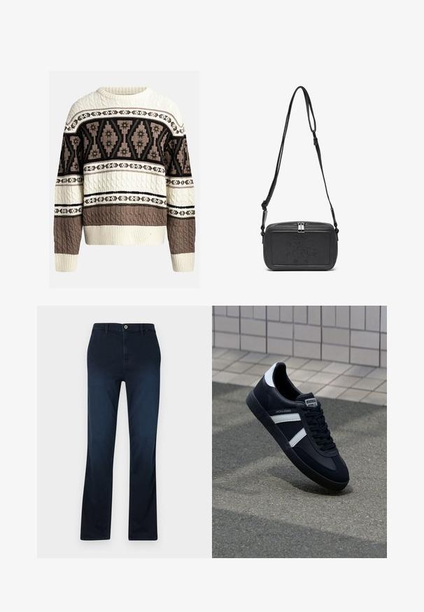 Kreemjas ja pruunis kabeli kudum, millel on geomeetrilised ja lillemustrid rinnal ja varrukatel, ribatud mansettide ja hemiga.; Tumedat sinise värvi sirge lõikega teksapüksid, millel on tõmblukk, vöörihmade augud ja üks esikott kontrastsete õmblustähtedega.; Must have musta sneaker musta valgete triipudega, tekstuurne kummitald ja nööridega esiosa. Omab bränditud märki keele peal.; Musternast mustriga nahast ristiõlgadega kott, millel on tõmbluku sulgemine, esiküljel on sissepressitud logo ja reguleeritav rihm. Sile tekstuur ja ristkülikukujuline kuju.