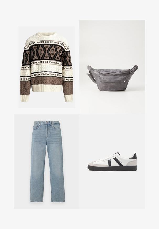 Pull en maille torsadée crème et marron avec des motifs géométriques et floraux sur la poitrine et les manches, avec des poignets et un ourlet côtelés.; Jean en denim bleu clair à taille haute, coupe droite, avec cinq poches et un léger délavage pour un effet usé.; Baskets blanches avec des accents noirs et gris, présentant un embout texturé gris, une semelle en caoutchouc noir et des lacets plats blancs. Design épuré, style minimaliste.; Sac banane en suède gris avec une forme arrondie, deux compartiments zippés et une sangle réglable. Comprend des accents en métal.