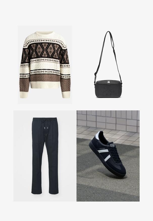 Krém és barna fonott pulóver geometrikus és virágmintákkal a mellrészen és az ujjakon, bordázott mandzsetta- és alsó szegéllyel.; Fekete nadrág, elasztikus derékkal és állítható zsinórral a kényelmes illeszkedés érdekében. Egyenes szárú design és könnyű anyag. Látható minták nélkül.; Fekete bőr sportcipő fehér csíkokkal, textúrált gumitalppal és fűzős elejével. A nyelvén márkás címke található.; Fekete bőrből készült keresztbe hordható táska cipzáras záródással, dombornyomott logóval az elején és állítható pánttal. Simább textúrájú, téglalap alakú.