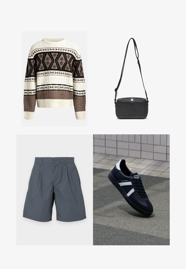 Pulover din tricot cu model cablu, de culoare crem și maro, cu motive geometrice și florale pe piept și mâneci, având mansete și tiv cu nervuri.; Shorts grii făcuți dintr-un material ușor, având închidere cu buton în față, două buzunare laterale și un design drept.; Sneaker din piele neagră cu dungi albe, talpă din cauciuc texturat și șireturi. Prezintă un eticheta de marcă pe limbă.; Geantă din piele neagră, tip crossbody, cu închidere cu fermoar, logo embosat pe față și curea ajustabilă. Textură netedă și formă rectangulară.