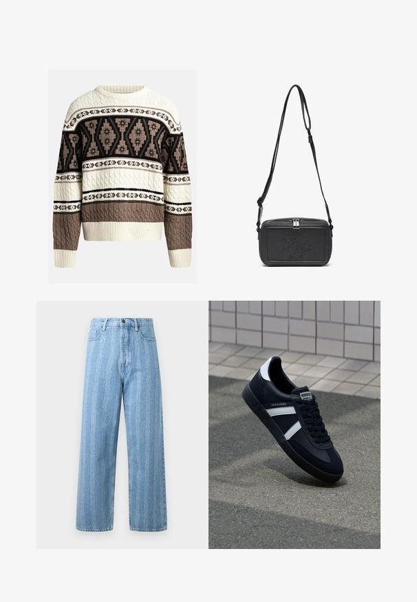 Crème en bruine kabelgebreide trui met geometrische en bloemmotieven over de borst en mouwen, met ribgebreide manchetten en zoom.; Lichtblauwe denim jeans met een wijd uitlopende pasvorm, voorzien van een herhalend kettingpatroon. Klassieke vijf-pocketstijl en metalen knoopdetail.; Zwarte leren sneaker met witte strepen, een gestructureerde rubberen zool en vetersluiting aan de voorkant. Voorzien van een merklabel op de tong.; Zwarte leren schoudertas met een ritssluiting, reliëflogo aan de voorkant en een verstelbare schouderriem. Gladde textuur met een rechthoekige vorm.