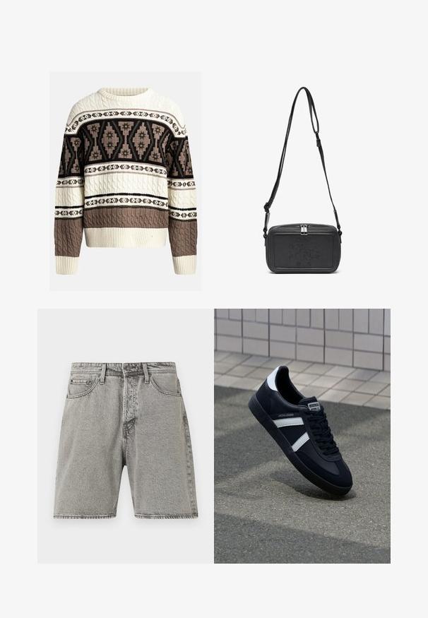 Cream and brown cable-knit sweater with geometric and floral patterns across chest and sleeves, featuring ribbed cuffs and hem.; Grey denim shorts with a classic cut, five pockets, and visible stitching. Features a front button closure and a slightly faded texture.; Black leather sneaker with white stripes, textured rubber sole, and lace-up front. Features a branded label on the tongue.; Black leather crossbody bag with a zip closure, embossed logo on the front, and adjustable strap. Smooth texture with a rectangular shape.
