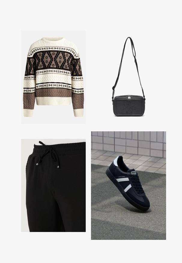 Creme og brun kabelstrikket sweater med geometriske og blomster-mønstre over brystet og ærmerne, med ribbede manchetter og kant.; Buratti Træningsbukser - black; Sort lædersneaker med hvide striber, tekstureret gummisål og snørrebånd foran. Har et brandet mærke på tungen.; Sort læder crossover taske med lynlåslukning, præget logo på fronten og justerbar rem. Glat tekstur med rektangulær form.
