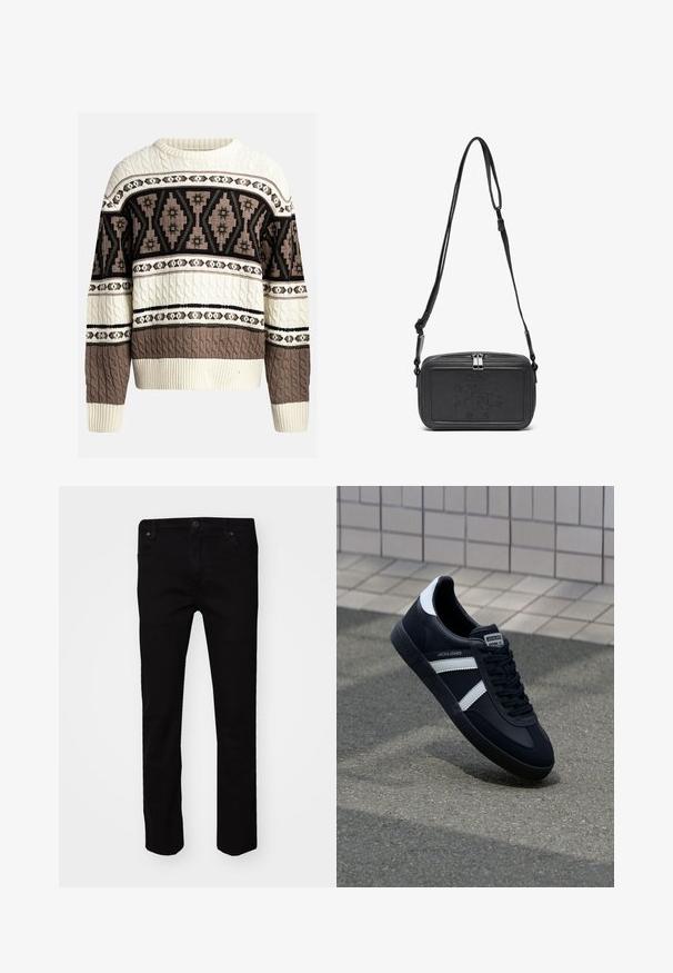 Kermainen ja ruskea kaapelikudottu neulepaita, jossa on geometrisia ja kukkakuvioita rinnassa ja hihoissa, varustettuna resorilla varustetuilla hihansuilla ja helmalla.; Musta farkut slim fit -mallilla, valmistettu puuvillasta. Ominaisuuksiin kuuluvat viisi taskua, metallinen napin sulkeminen ja sileä rakenne.; Mustat nahkakengät valkoisilla raidoilla, teksturoitu kumipohja ja nauha edessä. Varustettu merkkitarralla kielen päällä.; Musta nahkainen olkalaukku vetoketjulla, etuosassa kohoamalla painettu logo ja säädettävä hihna. Sujuva pinta ja suorakulmainen muoto.