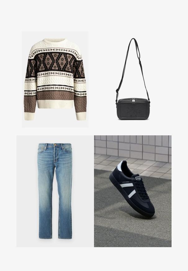 Pulover din tricot cu model cablu, de culoare crem și maro, cu motive geometrice și florale pe piept și mâneci, având mansete și tiv cu nervuri.; Jeans din denim bleu deschis cu un croi drept, având un finisaj uzat, cu nituri din cupru și un stil clasic cu cinci buzunare.; Sneaker din piele neagră cu dungi albe, talpă din cauciuc texturat și șireturi. Prezintă un eticheta de marcă pe limbă.; Geantă din piele neagră, tip crossbody, cu închidere cu fermoar, logo embosat pe față și curea ajustabilă. Textură netedă și formă rectangulară.