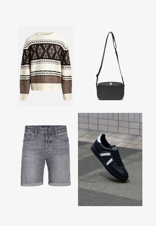 Kermainen ja ruskea kaapelikudottu neulepaita, jossa on geometrisia ja kukkakuvioita rinnassa ja hihoissa, varustettuna resorilla varustetuilla hihansuilla ja helmalla.; Harmaat farkkushortsit, joissa on hieman kulunut ilme. Shortsien ominaisuuksiin kuuluu käännetty helma, viisi taskua ja nappisulku. Merkki: JACK & JONES.; Mustat nahkakengät valkoisilla raidoilla, teksturoitu kumipohja ja nauha edessä. Varustettu merkkitarralla kielen päällä.; Musta nahkainen olkalaukku vetoketjulla, etuosassa kohoamalla painettu logo ja säädettävä hihna. Sujuva pinta ja suorakulmainen muoto.