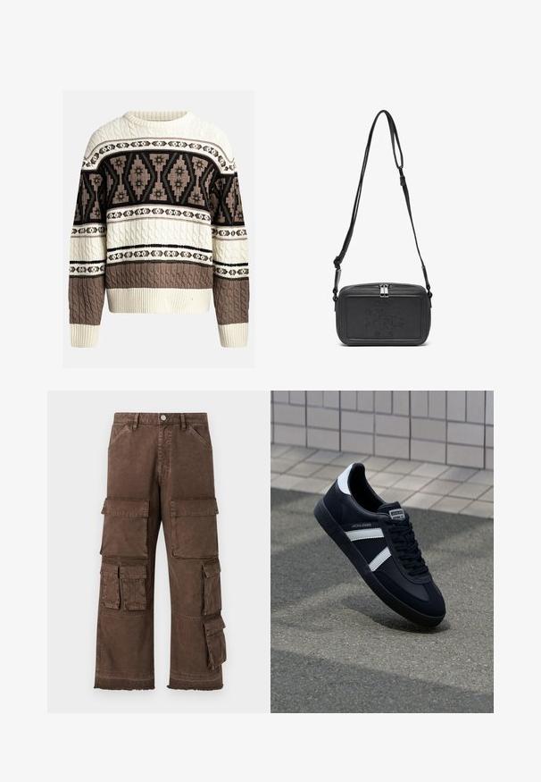 Crème en bruine kabelgebreide trui met geometrische en bloemmotieven over de borst en mouwen, met ribgebreide manchetten en zoom.; Bruine cargo-broeken met een losse pasvorm, meerdere zijzakken en een rafelige zoom. Gemaakt van stevig, gestructureerd materiaal voor duurzaamheid.; Zwarte leren sneaker met witte strepen, een gestructureerde rubberen zool en vetersluiting aan de voorkant. Voorzien van een merklabel op de tong.; Zwarte leren schoudertas met een ritssluiting, reliëflogo aan de voorkant en een verstelbare schouderriem. Gladde textuur met een rechthoekige vorm.