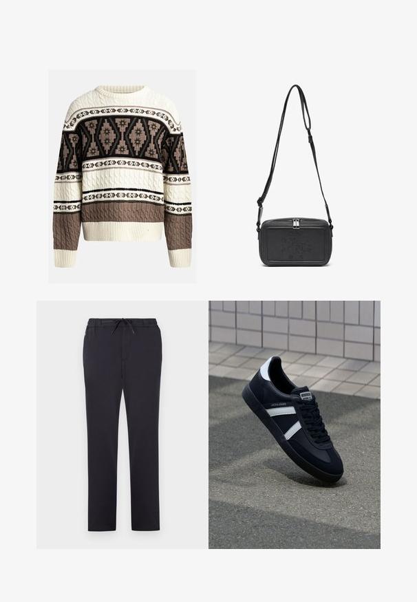Cream and brown cable-knit sweater with geometric and floral patterns across chest and sleeves, featuring ribbed cuffs and hem.; Black athletic pants made of soft fabric with an elastic waistband, adjustable drawstring, and straight-leg design. No visible patterns or embellishments.; Black leather sneaker with white stripes, textured rubber sole, and lace-up front. Features a branded label on the tongue.; Black leather crossbody bag with a zip closure, embossed logo on the front, and adjustable strap. Smooth texture with a rectangular shape.