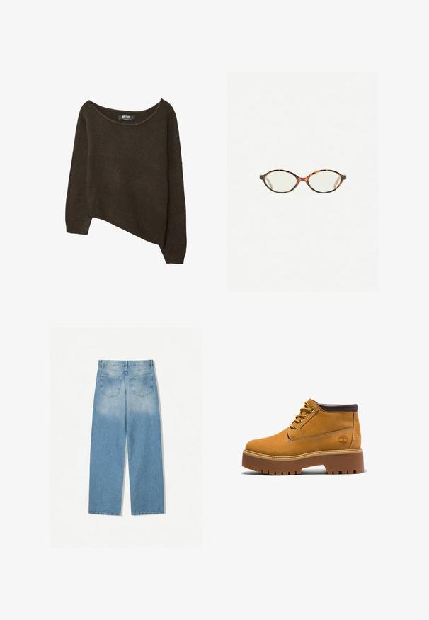 Ruskea, löysä neulepaita, jossa on epäsymmetrinen helma ja leveä kaula-aukko. Pehmeä rakenne, jossa on ribbireunat hihansuissa ja etiketti sisäkaula-aukossa.; Vaaleansiniset denimfarkut, joissa on suora lahje, kahdella takataskulla ja haalistunut pinta yläosissa.; Nahkalöytösaappaat, joissa on pyöristetty varvas, ruskeat yksityiskohdat, paksu alustapohja ja kontrastoivat keltaiset nauhat. Sivussa on logo.; Kilpikonnakuosiset silmälasit, joissa on soikeat linssit ja tyylikäs, sileä pinta. Ominaisuudet: ohuet sivut, joissa on hienovarainen kaari temppeleissä. Kirkkaat linssit.