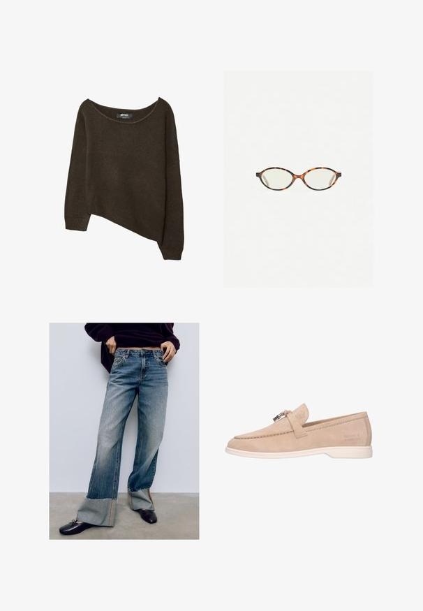 Maglione marrone a maglia sciolta con orlo asimmetrico e scollatura ampia. Tessuto morbido con polsini a coste e un'etichetta sulla scollatura interna.; Jeans ampi in denim azzurro chiaro con orli sfrangiati, caratterizzati da cuciture a contrasto e una vestibilità rilassata. Abbinati a scarpe basse scure.; Mocassino in suede beige con profilo basso, suola bianca a contrasto, fascia decorativa e dettagli in metallo. Presenta logo in rilievo sul lato.; Occhiali in tartaruga con lenti ovali e una finitura liscia e elegante. Presentano aste sottili con una leggera curva alle tempie. Lenti trasparenti.