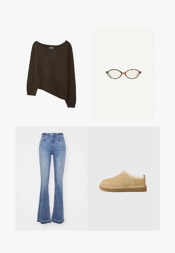 Rjav, ohlapen pulover z asimetričnim robom in širokim ovratnikom. Mehka tekstura z rebrastimi manšetami in oznako na notranji strani ovratnika.; Razširjene kavbojke iz srednje modrega denima, ki imajo visok pas, kontrastno šivanje in minimalno obrabo na robu.; Semiš čevlji brez vezalk v svetlo rjavi barvi, z mehakim krznom znotraj in teksturiranim gumijastim podplatom ter rahlim petnim delom in zadnjim zanko za lažje obuvanje.; Kornjačaste očala z ovalnimi lečami in gladko, sijočo površino. Imajo tanke stranice z rahlim ovinkom na templjih. Prosojne leče.