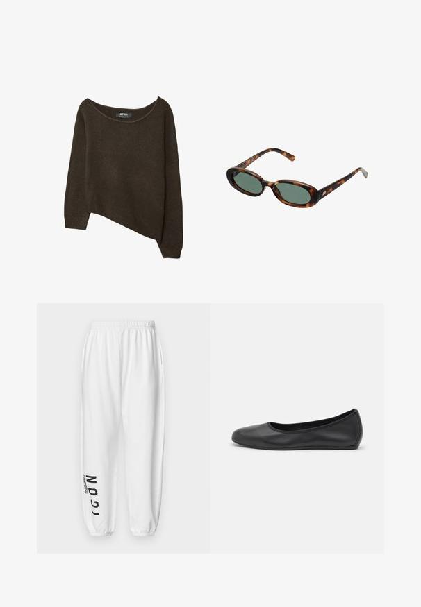 Smeđi, labavo pleteni pulover s asimetričnim rubom i širokim izrezom. Mekana tekstura s rebrastim manžetama i oznakom na unutrašnjem izrezu.; DSQUARED2 ICON ICON - Donji dijelovi trenirke - white; Crne kožne baletanke s zaobljenim vrhom, glatke teksture, minimalnim detaljima šavova i fleksibilnim dizajnom potplata.; Sunčane naočale u boji kornjače s ovalnim okvirom i zelenim staklima. Imaju tanke ručke s metalnim detaljem blizu šarki.; Tamnasti kožni ručni torba sa zakrivljenim oblikom, zlatnim hardverom i tankim remenom za rame. Sadrži zatvaranje na patentni zatvarač i detalj s logotipom na prednjoj strani.