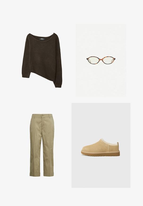 Brązowy, luźno dziergany sweter z asymetrycznym dołem i szerokim dekoltem. Miękka tekstura z prążkowanymi mankietami i metką wewnątrz dekoltu.; Beżowe spodnie z lekkiej bawełny, o prostym kroju, zapinane na guzik, z podwiniętymi mankietami. Gładka tekstura z minimalnym zdobieniem.; Zamszowe buty typu slip-on w jasnym odcieniu brązu, z miękką futrzaną wyściółką oraz teksturowaną gumową podeszwą z delikatnym obcasem i uchwytem z tyłu dla łatwego zakładania.; Okulary w kolorze tortoiseshell z owalnymi soczewkami i gładkim, eleganckim wykończeniem. Posiadają cienkie boki z delikatnym łukiem w okolicy skroni. Przezroczyste soczewki.