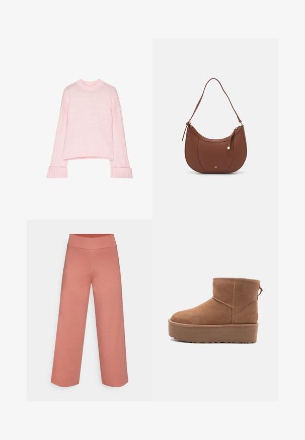 Hellrosa, verkürzter Pullover mit Rundhalsausschnitt, gerippten Bündchen und weicher Textur. Hergestellt aus leichtem Strickmaterial.; Yogasearcher RAVANA FLOWY PANTS - Jogginghose - cedar; Beige Wildleder-Ankle-Boot mit Plateausohle, abgerundetem Zehenbereich und abgesteppten Akzenten; verfügt über eine Zuglasche hinten für einfaches An- und Ausziehen.; Braune Kunstleder-Schultertasche mit geschwungener Form, minimaler Naht und goldfarbener Hardware-Akzent. Verfügt über einen oberen Reißverschluss und einen verstellbaren Trageriemen.