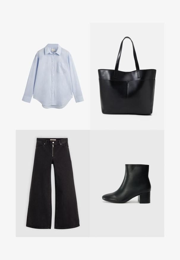 Levi's® INES CABLE - Strickpullover - tofu; Hellblaues Langarm-Hemd aus Baumwolle mit klassischem Kragen, einer einzelnen Brusttasche und abgerundetem Saum.; Schwarze Denim-Jeans mit weitem Bein, Reißverschluss vorne, Fünf-Taschen-Design und dezenten Stickdetails. Glatte Textur und lässiger Stil.; Schwarze Leder-Ankle-Boots mit spitzem Zehenbereich und klobigem Absatz. Glatte Textur mit minimalen Akzenten und einem eleganten, taillierten Design.; Schwarze Leder-Shopper-Tasche mit zwei langen Griffen, einer glatten Textur und einer strukturierten Form. Verfügt über eine Vordertasche für zusätzlichen Stauraum.