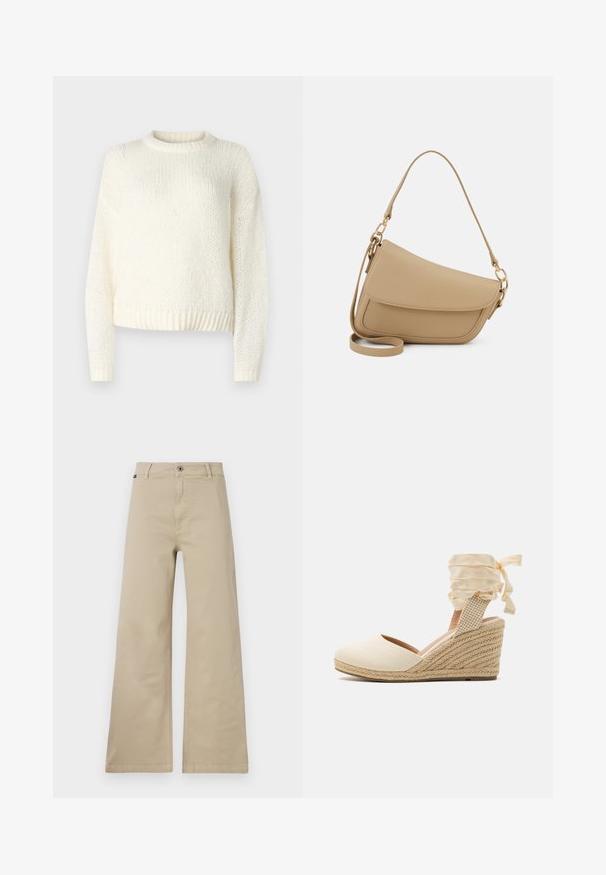 Kevyt, neulottu kerma sävyinen villapaita, jossa on pitkät hihat, pyöreä kaula-aukko ja ribattu helma. Teksturoitu kangas, jossa on löysä, rento istuvuus.; Vaaleat leveät housut, jotka on valmistettu puuvillasta. Varustettu nappikiinnityksellä, vyölenkeillä ja sivutaskuilla. Sileä, kestävä rakenne ja klassinen muotoilu.; Beige espadril wedge, jossa on kanvaalista valmistettu päällinen, avoin varvas ja pehmeät nauhat. Teksturoitu jutee-wedge, jossa on punottu kuvio.; Even&Odd Käsilaukku - beige
