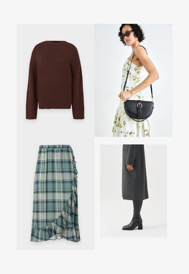 Prune kootud sviiter ribatud alumise serva ja varrukatega. Omab ümarat kaelust ja tekstuuri. Tavalise lõikega disain.; Roheline ja tumesinine ruuduline seelik, millel on volangäär ja elastne vöökoht. Kanga pind on sile, erinevate ruuduliste mustritega.; Hallhalline, kohandatud ülikond jakk sirge lõikega; kombineeritud kuni põlveni ulatuvate mustade nahast saapadega, millel on nelinurkne varvas ja paks konts.; Mustmust mustraha kõverate joontega, eemaldatava rihmaga ja kuldsete detailidega. Kotil on klapp, millel on pandladetail.