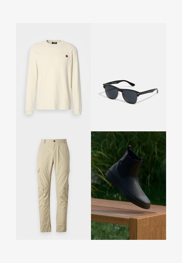 Kerman ribattu pitkähihainen neule päänauhalla ja ruskea pyöreä logo vasemmassa rinnassa.; Beige cargo-housut kevyestä kankaasta, joissa on useita taskuja, nappikiinnitys ja kapeneva lahkeiden muotoilu. Sileä pinta.; Mustat nahkasaappaat nilkkapituisilla joustoilla, sileä pinta, pyöreä varvas ja litteat pohjat, asetettu puupöydän päälle vihreyden taustalla.; Mustat aurinkolasit, joilla on suorakulmainen muoto, tummat linssit, hopeiset yksityiskohdat temppeleissä ja matta pinta kehykset.