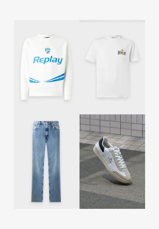 Felpa bianca con logo "Replay" blu, uno stemma della squadra con stelle e strisce diagonali blu in vita e maniche. Texture morbida.; T-shirt di cotone bianco a maniche corte, con logo "REPLAY GRAND HOTEL" in nero e oro sul lato sinistro del petto. Design semplice, vestibilità regolare.; Jeans in denim azzurro chiaro a gamba dritta con tasche, rivetti in rame e chiusura a bottone. Presentano un design sbiadito e un orlo pulito.; Sneaker bianca in pelle con dettagli in suede beige, tallone blu navy e logo dorato. Suola testurizzata con motivo decorativo. Design classico con lacci.