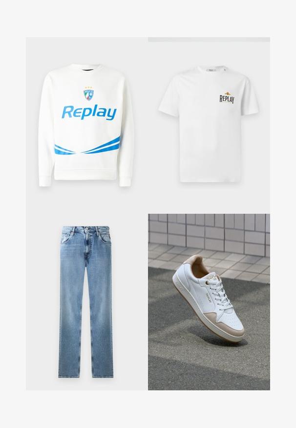 Bijela dukserica s plavim "Replay" logotipom, grbom tima sa zvjezdama i plavim dijagonalnim prugama na pojasu i rukavima. Mekana tekstura.; Bijela pamučna majica s kratkim rukavima, s crnim i zlatnim logom "REPLAY GRAND HOTEL" na lijevoj strani prsnog dijela. Jednostavan dizajn, regularna kroja.; Svijetloplave traperice ravnog kroja s džepovima, bakrenim zakovicama i kopčanjem na dugme. Imaju izblijedjeli dizajn i čiste rubove.; Bijele kožne tenisice s bež suknom, ravne vezice, perforirani prednji dio i zlatni detalji na jeziku i sa strani.