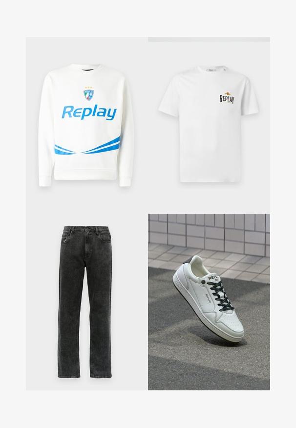 Biely mikina s modrým logom "Replay", tímovým erbom so hviezdami a modrými diagonálnymi pruhmi na páse a rukávoch. Mäkká textúra.; Biela bavlnená tričko s krátkymi rukávmi, s čiernym a zlatým logom "REPLAY GRAND HOTEL" na ľavom prsníku. Jednoduchý dizajn, klasický strih.; Čierne riflové nohavice so strihom rovného nohavice, ktoré majú päť vreciek, zapínanie na gombík a jemné vyblednutie na látke.; Biele kožené tenisky s perforovanou špičkou, čiernymi šnúrkami a akcentom na päte. Obsahujú značku "REPLAY" a pevnú gumovú podrážku.